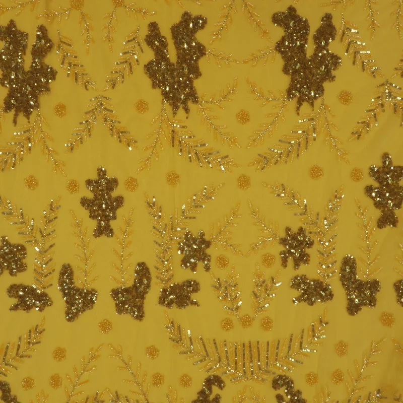 Daily Deals Yellow-Bronze Sequins Abstract Floral Embroidered Tulle Fabric