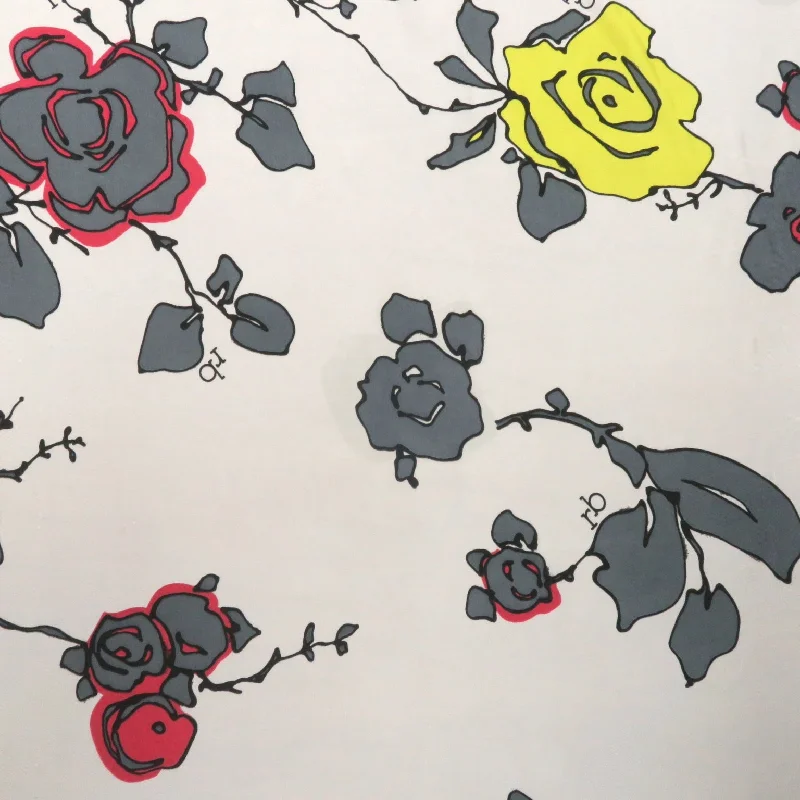 YEAR-End Sale Gray, Red and Yellow Flowers on a White Background Printed Spandex Stretch Fabric