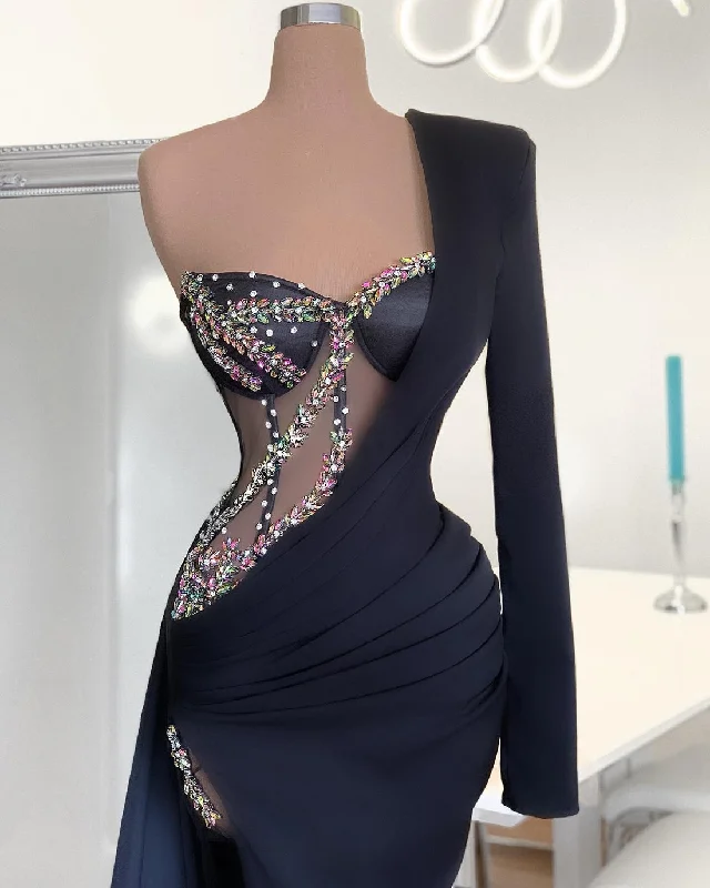 Can't Be Beat Kali One Shoulder Crystal Diamond Beading High Slit Evening Dress