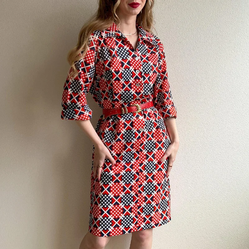 Take Advantage 1970s Bright Red and Blue Abstract Pattern Dress (L/XL)