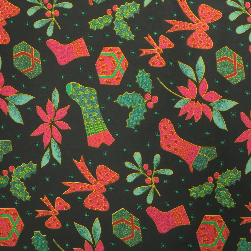 Year-End Clearance Bows, Stocking, Presents Pattern Printed Cotton Blended Broadcloth