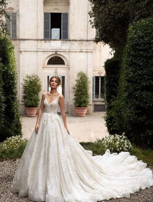Amazing Deals A Line V Neck Flickering White Wedding Dress