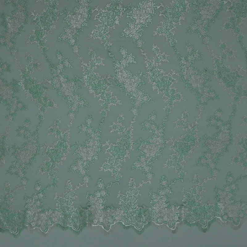 Steals and Deals Mint Sequined and Floral Embroidered Tulle Fabric