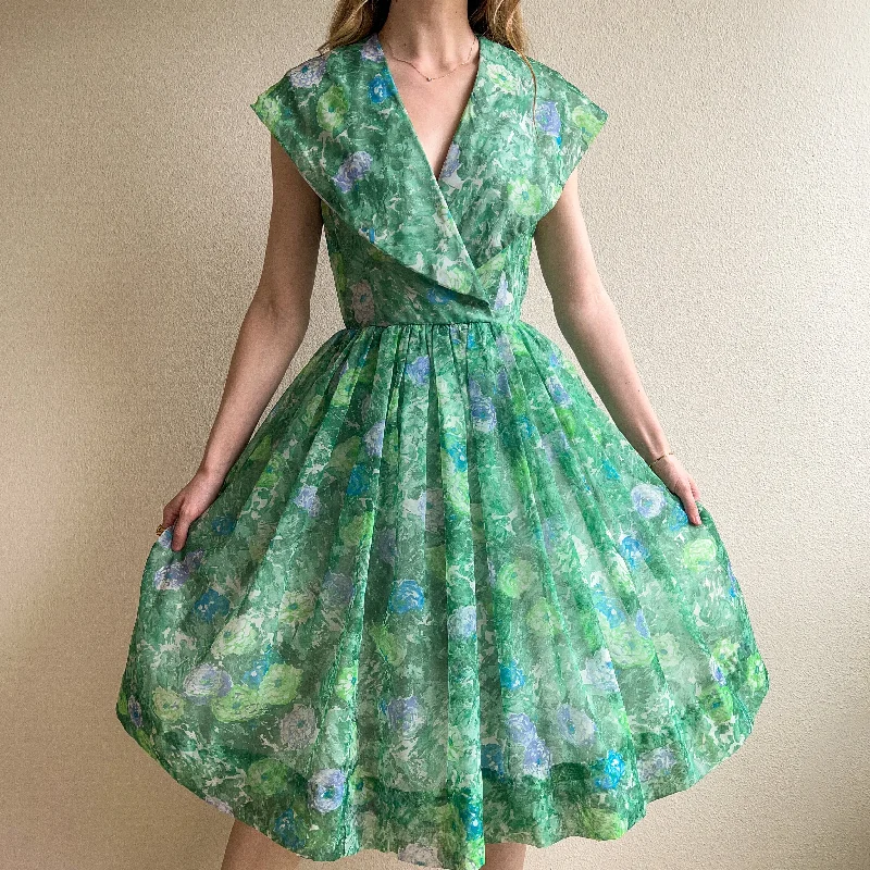 Unbeatable Prices 1950s Green Floral Chiffon Party Dress (XS/S)