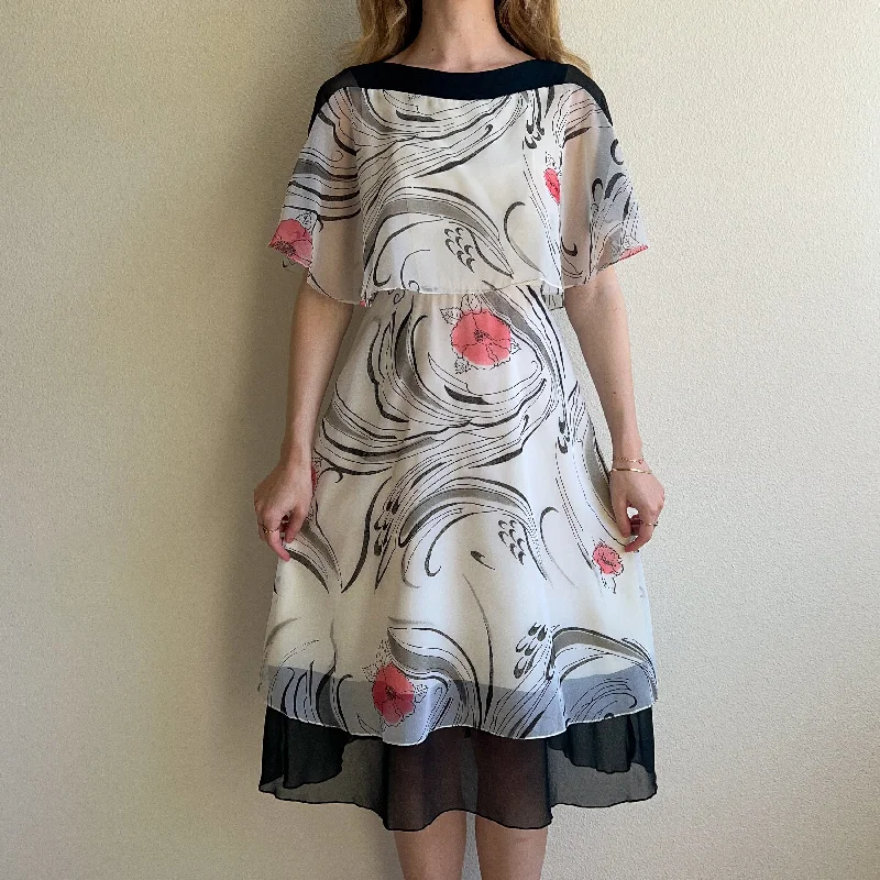 Early Bird Discount 1970s Black and White Chiffon Dress (XS/S)