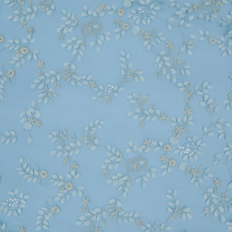 Discount Deals Light Aqua Sequins and Flowers Embroidered Tulle Fabric