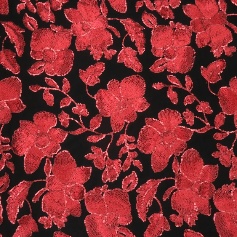 Big Savings Red Flowers on Black Embroidered Tulle Fabric