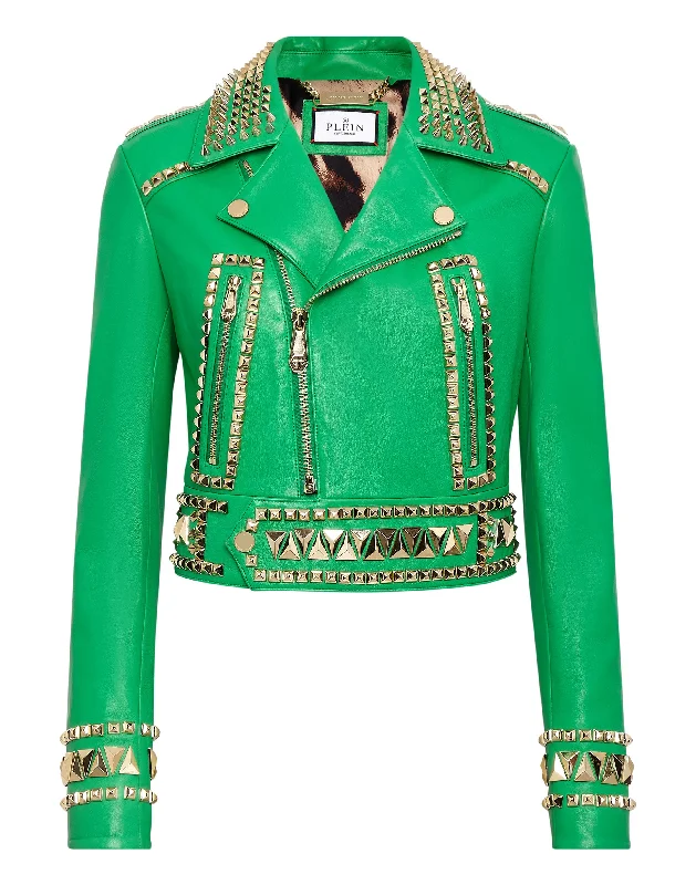 Best Deals Cropped Leather Jacket Gothic Plein