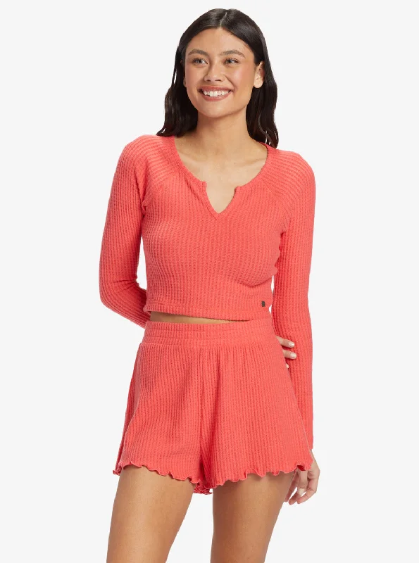 Early Bird Discount Cropped Long Sleeve Waffle Top - Bittersweet