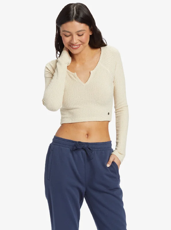 Flash Sale Cropped Long Sleeve Waffle Top - Tapioca