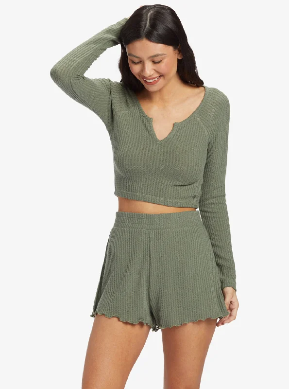 Limited Time Offer Cropped Long Sleeve Waffle Top - Agave Green