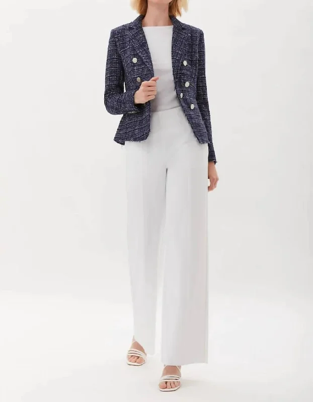 Take Advantage Double Breasted Tweed Blazer In Navy/white