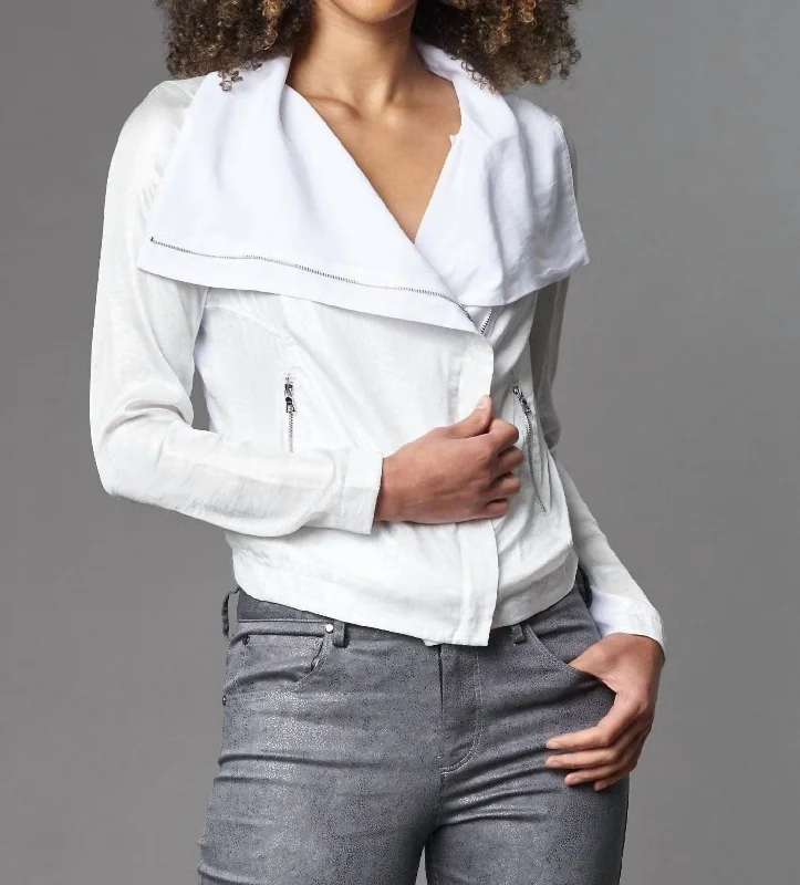 Special Price Foil Satin Moto Jacket In White