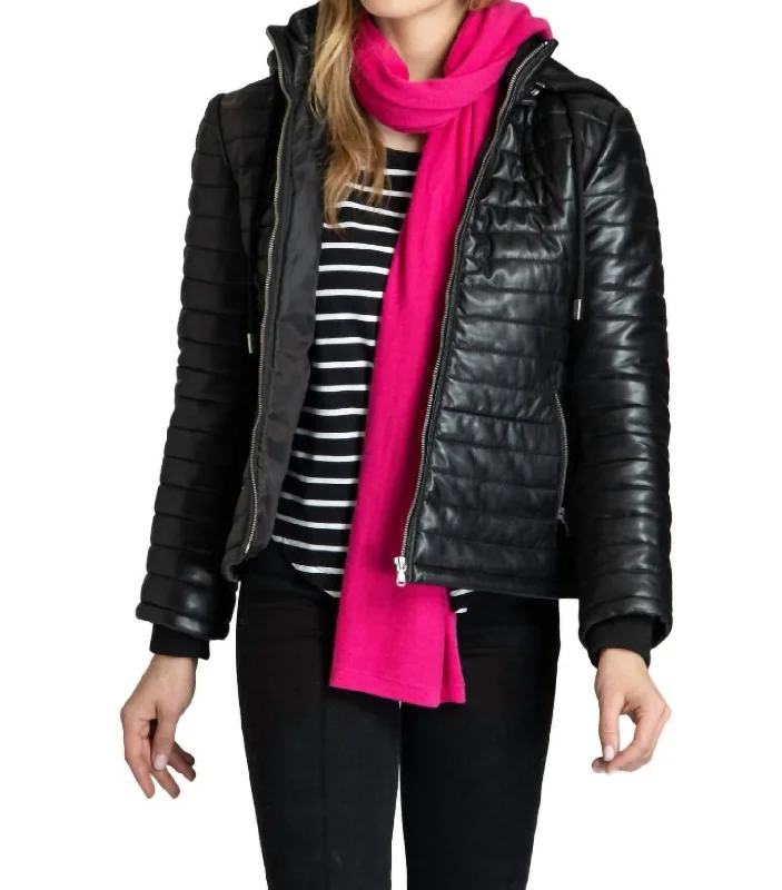 Closeout Leather Puffer Jacket With Detachable Hood In Black
