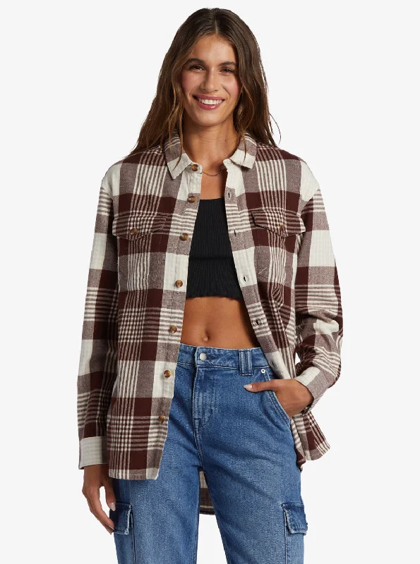 Clearance Items Let It Go Flannel Long Sleeve Shirt - Tapioca Hallo Plaid