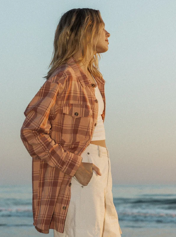 Stock Clearance Let It Go Flannel Long Sleeve Shirt - Cedar Wood Swell Check