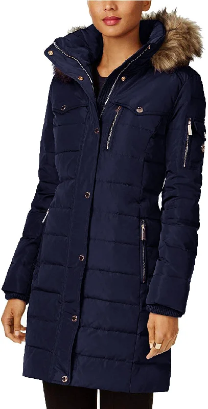One-DAY Sale Michael Kors Faux Fur Trim Down Puffer Coat-Navy