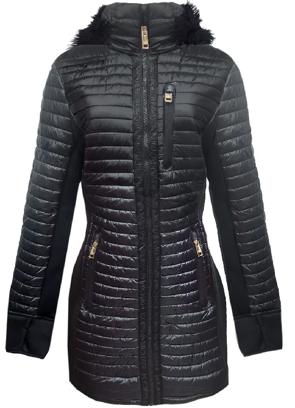 Bargain Prices Michael Michael Kors Women Black Quilted Mixed Media Faux Fur Hood 3/4 Coat
