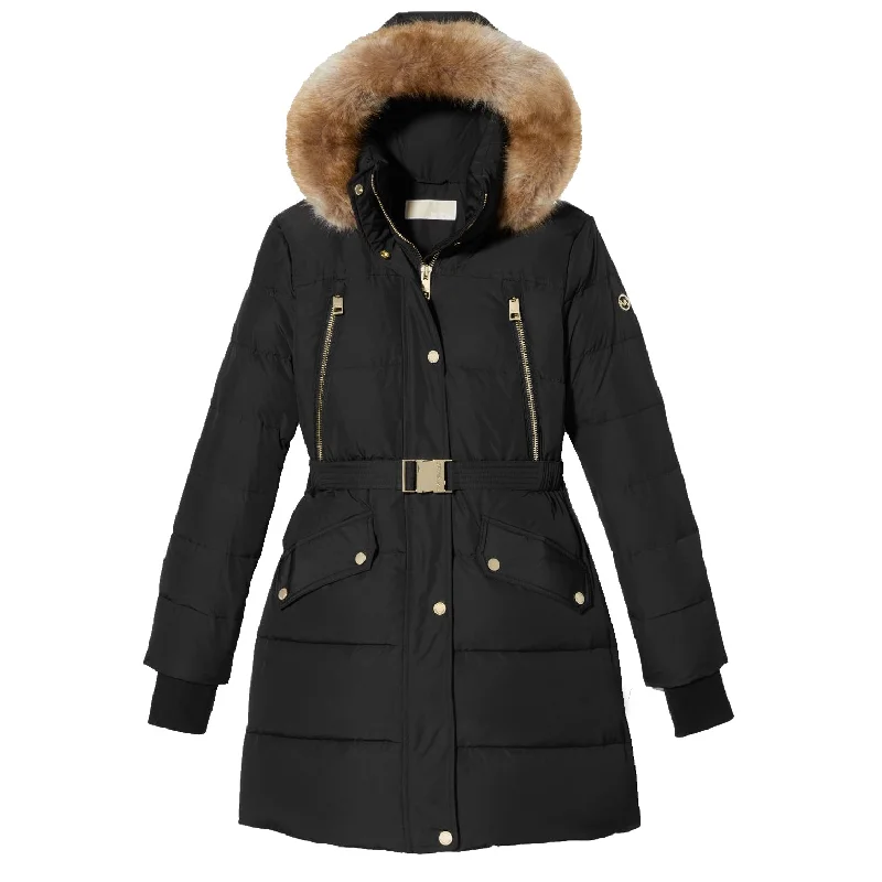 Super Sale Michael Michael Kors Women's Black Down Belted Puffer Coat 3/4 Length
