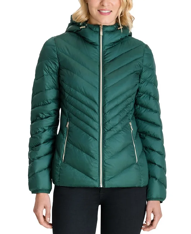New Arrival Michael Michael Kors Women's Green Chevron Double Layer Zipper 3/4 Hooded Packable Coat New Arrival Michael Michael Kors Women's Green Chevron Double Layer Zipper 3/4 Hooded Packable Coat