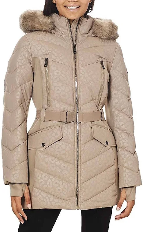 Online Specials Michael Michael Kors Women's Logo Lepaord Belted Hood Puffer Coat Taupe