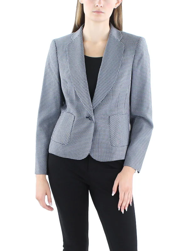 Major Savings Petites Womens Houndstooth Notch Collar One-Button Blazer