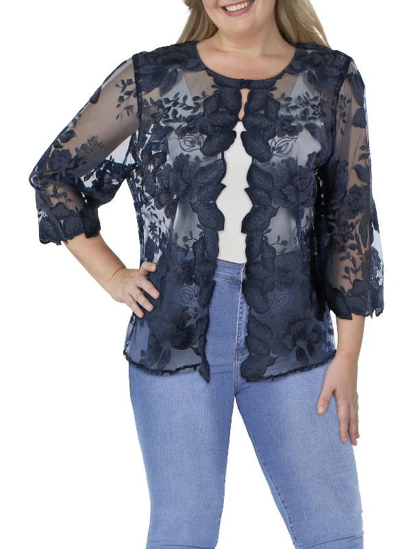Best Seller Plus Womens Mesh Embroidered Collarless Blazer