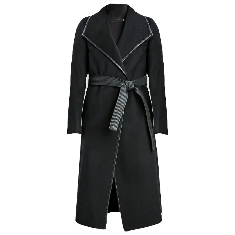 Shop and Save Tahari Women's Black Juliette Double Face Wool Belted Coat with Faux Leather Trim