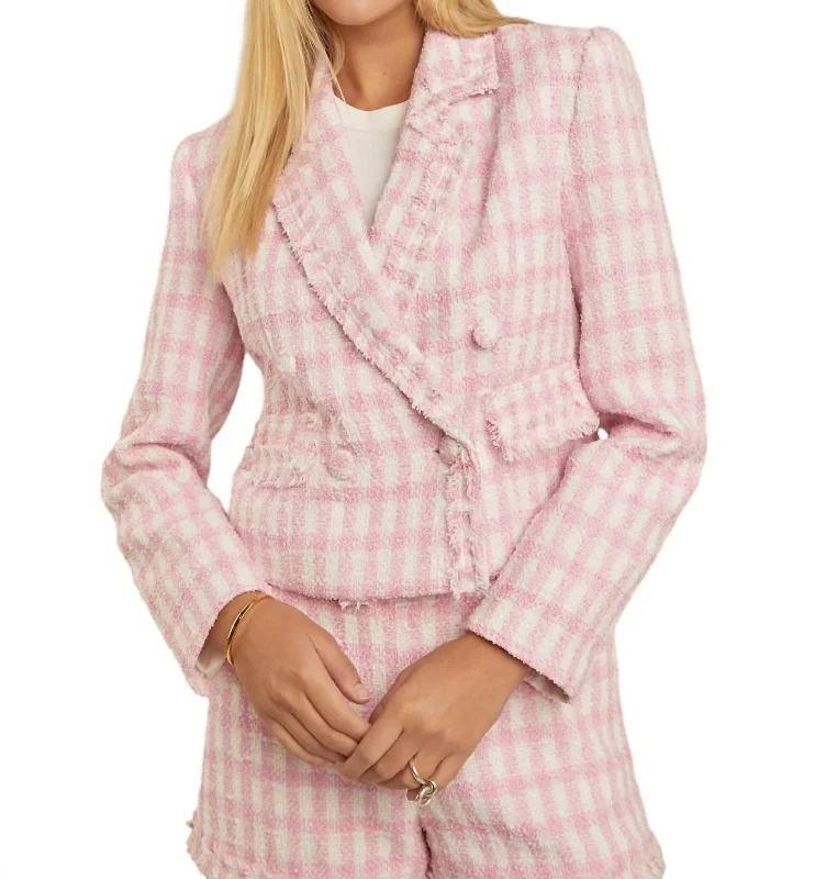 Big Savings Textured Double Breasted Blazer In Pink/white