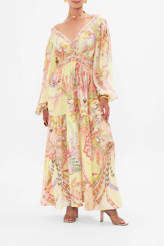 Online Only SHIRRED DETAIL LONG SLEEVE DRESS COSMIC TUSCAN