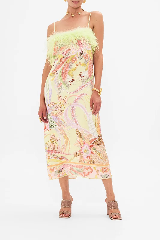 Markdowns FEATHER SQUARE NECK MIDI DRESS COSMIC TUSCAN