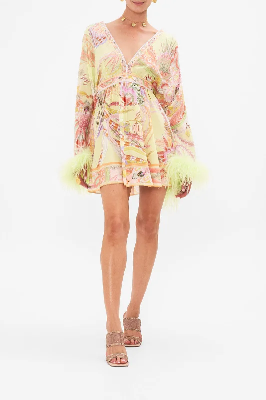 Lowest Price GATHERED KIMONO MINI DRESS WITH FEATHERS COSMIC TUSCAN