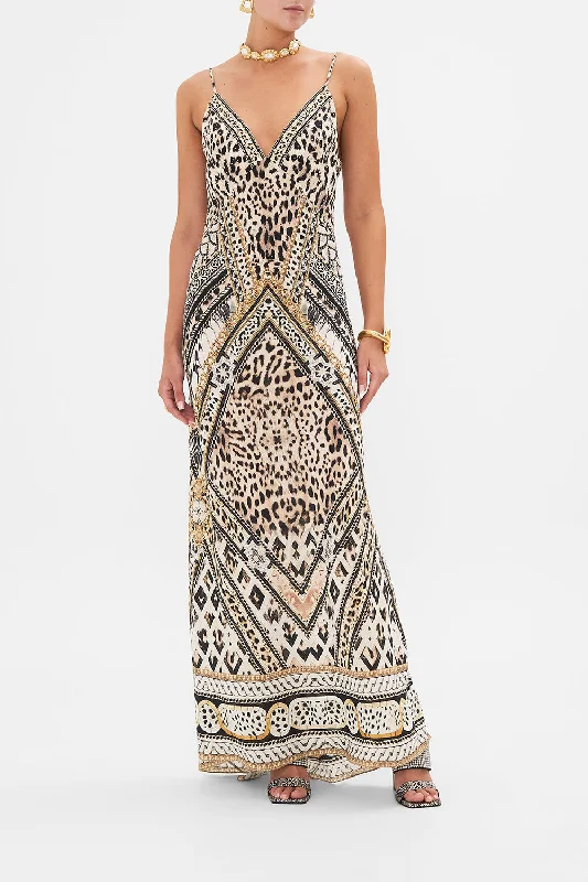 Midnight Madness V NECK FULL LENGTH BIAS SLIP DRESS MOSAIC MUSE
