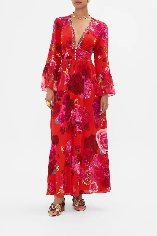 New Markdowns SHAPED WAISTBAND DRESS WITH RUFFLE SLEEVE ITALIAN ROSA