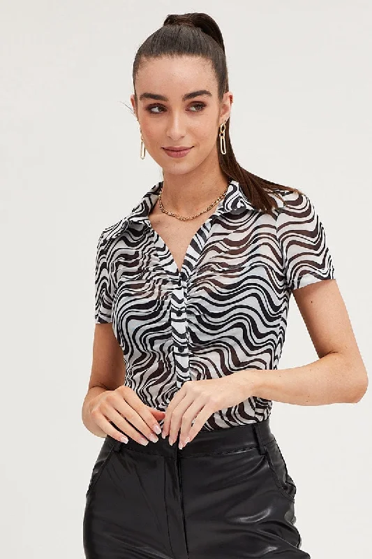 Clearance Sale Abstract Print Shirt Short Sleeve Mesh