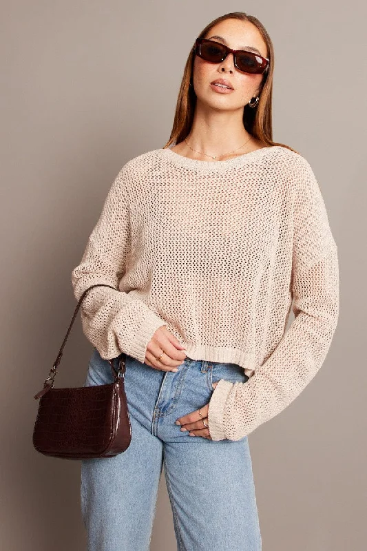 Deal of the Day Beige Crochet Knit Top Boat Neck Long Sleeve