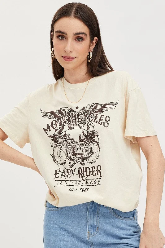 Year-End Sale Beige Graphic T Shirt Short Sleeve