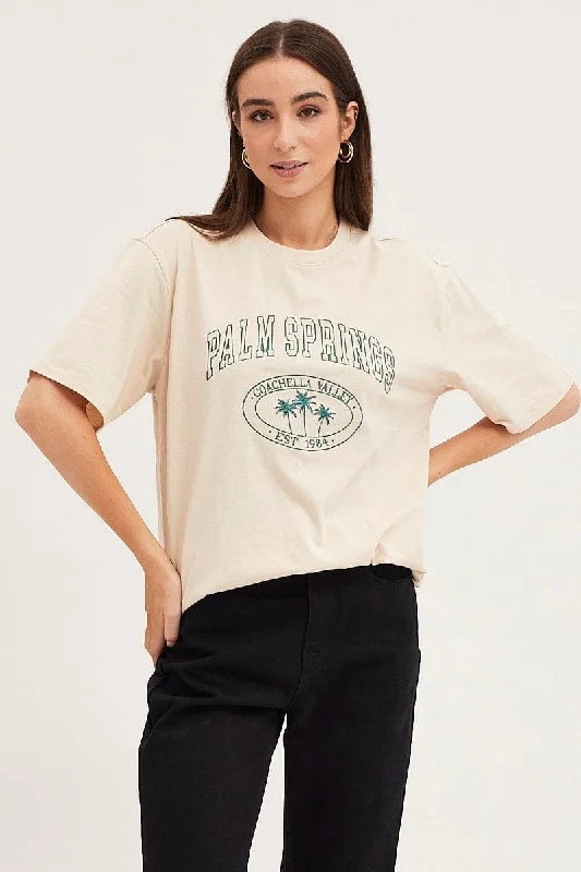 Savings Spectacular Beige Graphic T Shirt Short Sleeve