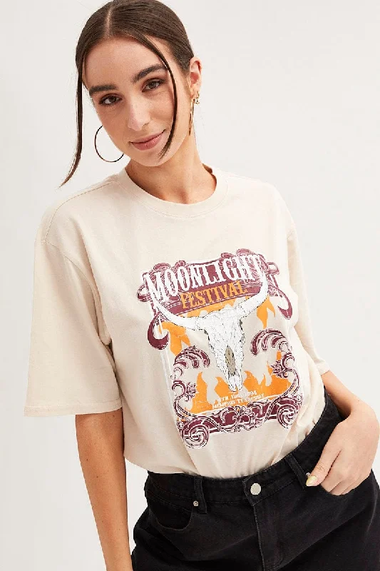 Online Only Beige Graphic T-Shirt Short Sleeve Oversized