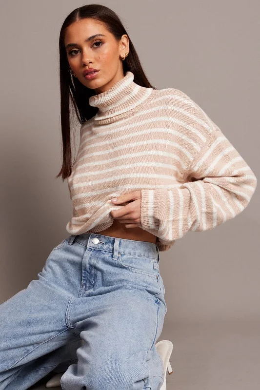 Markdown Madness Beige Stripe Knit Top Long Sleeve High Neck