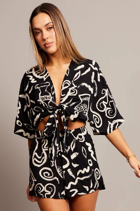 Final Clearance Black Abstract Tie Up Bolero Short Sleeve
