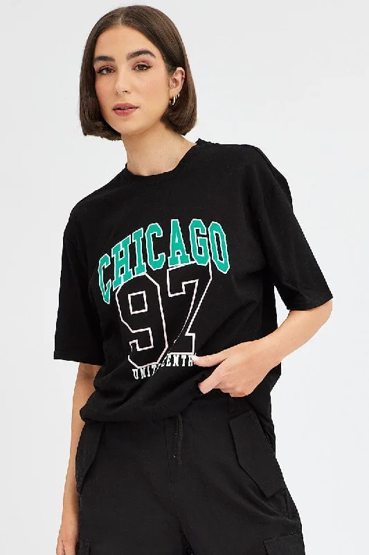 One-DAY Sale Black Chicago Tee Short Sleeve Round Neck Embroidered