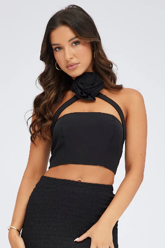 Friends and Family Sale Black Crop Top Halter Neck Rose Rosette Detail