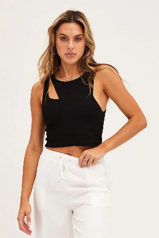 Price Buster Black Rib Sleeveless Asymmetric Cut Out Tank Top