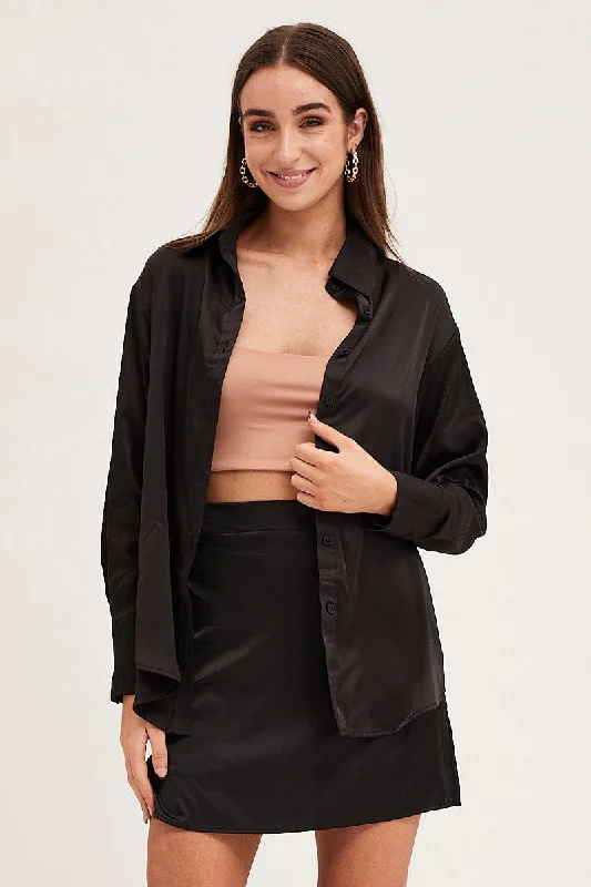 Crazy Deals Black Satin Long Sleeve Button Up Collared Shirt
