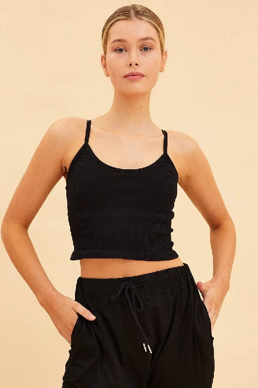 Reduced Prices Black Seamless Singlet Top Scoop Neck Rib Crop
