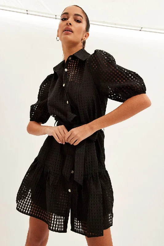 Limited Availability Black Shirts Dress Collard Half Sleeve Mini Dress