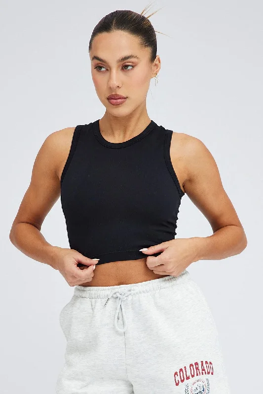New Arrival Black Tank Top Crew Neck Washed Seamless