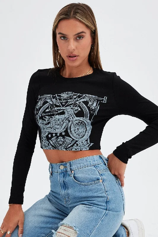 Shop and Save Black Tee Round Neck Graphic Print