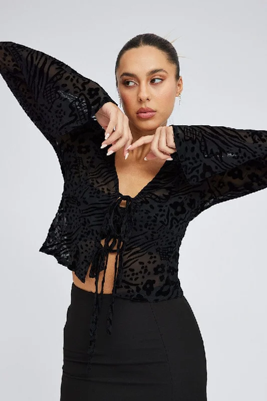 Instant Savings Black Top Long Sleeve Tie front Burnout